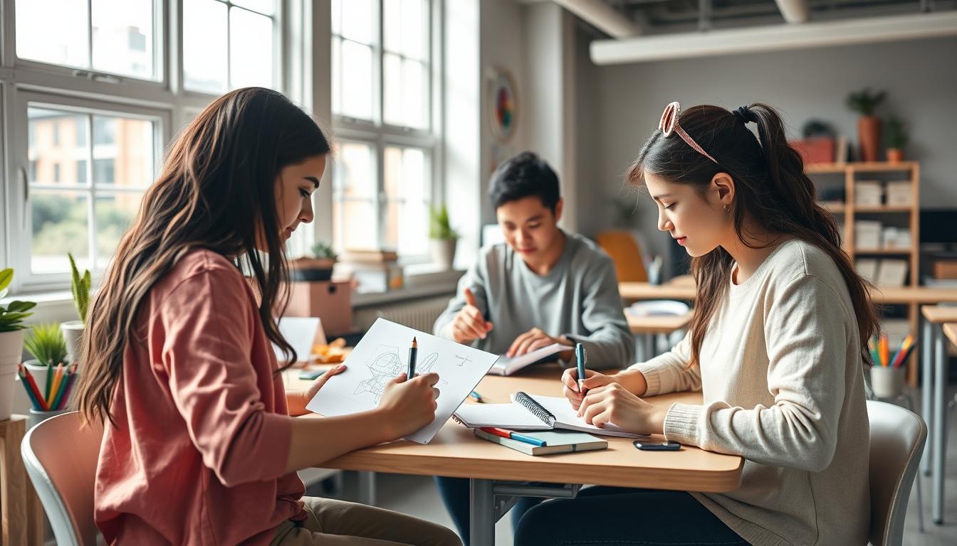 Students studying together in modern classroom